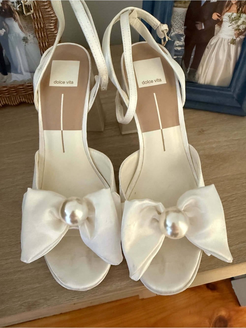 Dolce Vita Ivory Satin Bow Pearl Slingback Heels